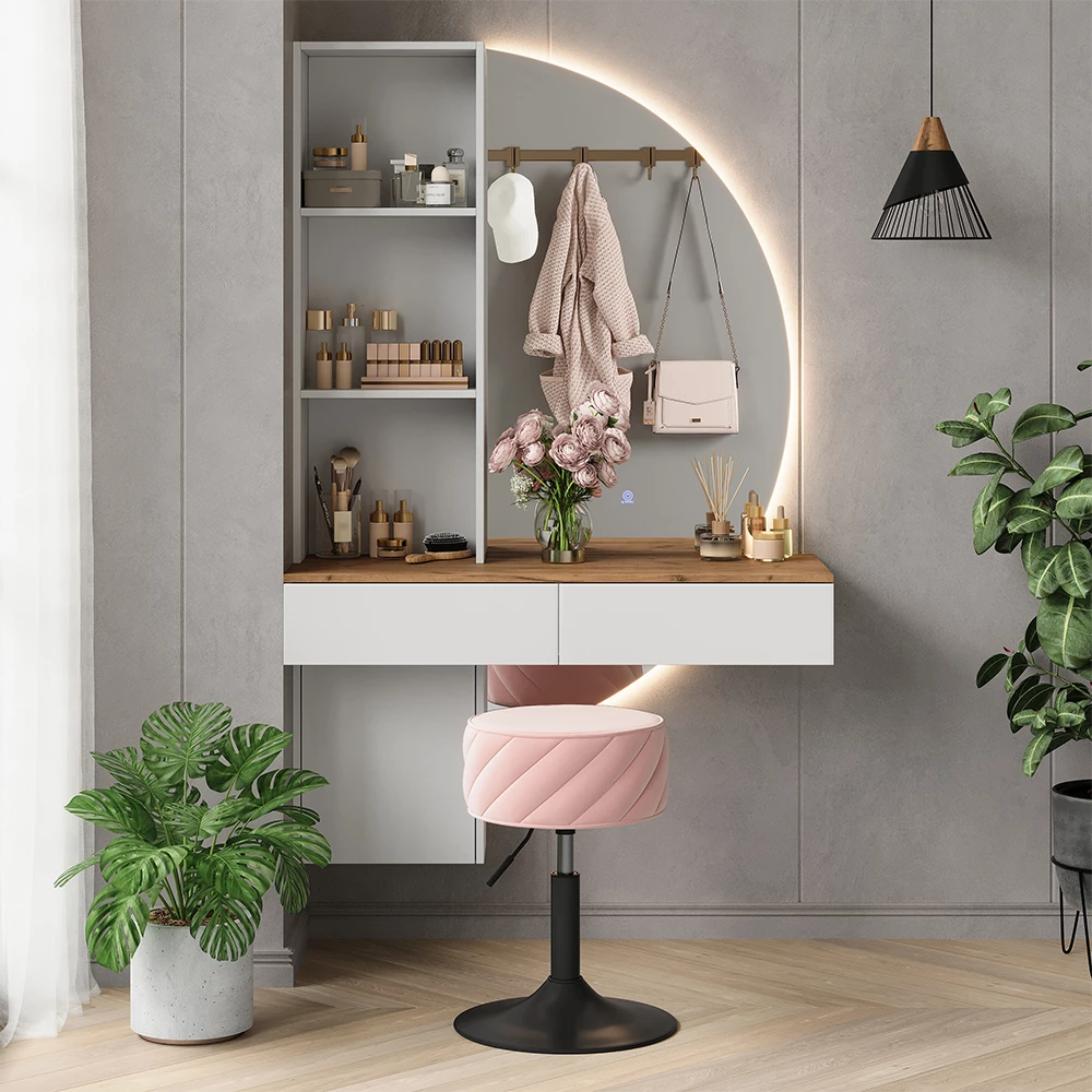 Kaptafel met licht in Wit/eiken shown in ambient setting with decoration