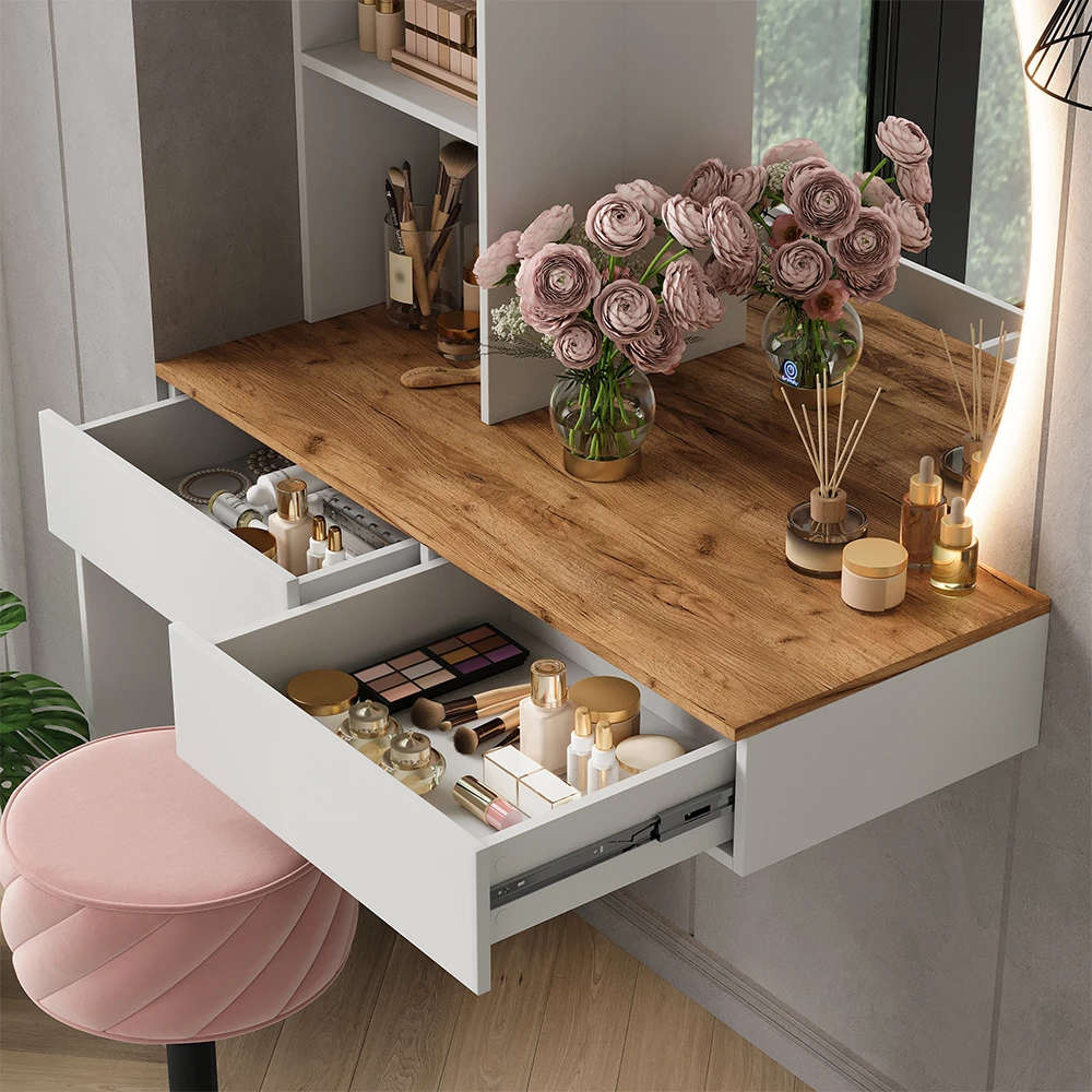 Close-up of Kaptafel met licht in Wit/eiken, showing texture/details