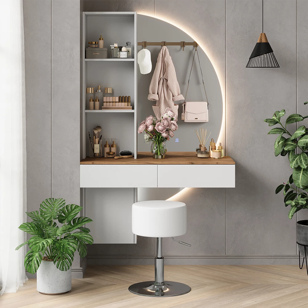 Schminktisch in Weiß/Eiche, dargestellt im Ambiente mit Dekoration