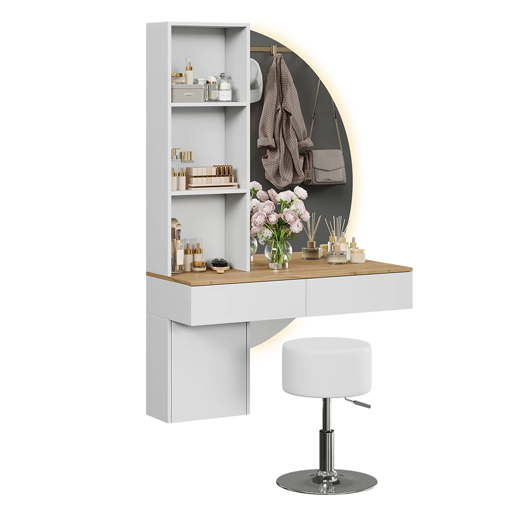 Schminktisch in Weiß/Eiche auf weißem Hintergrund mit dekorativen Elementen