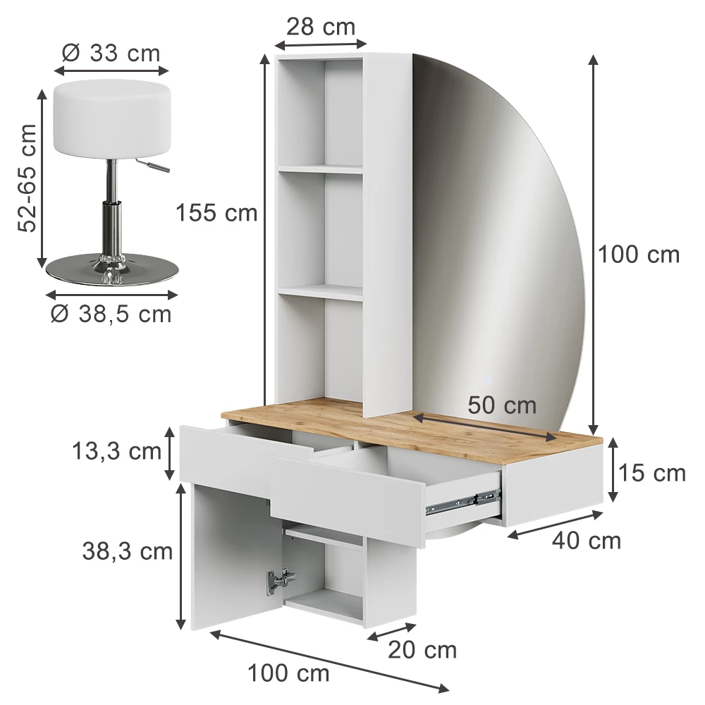 Schminktisch in Weiß/Eiche auf weißem Hintergrund mit sichtbaren Maßen