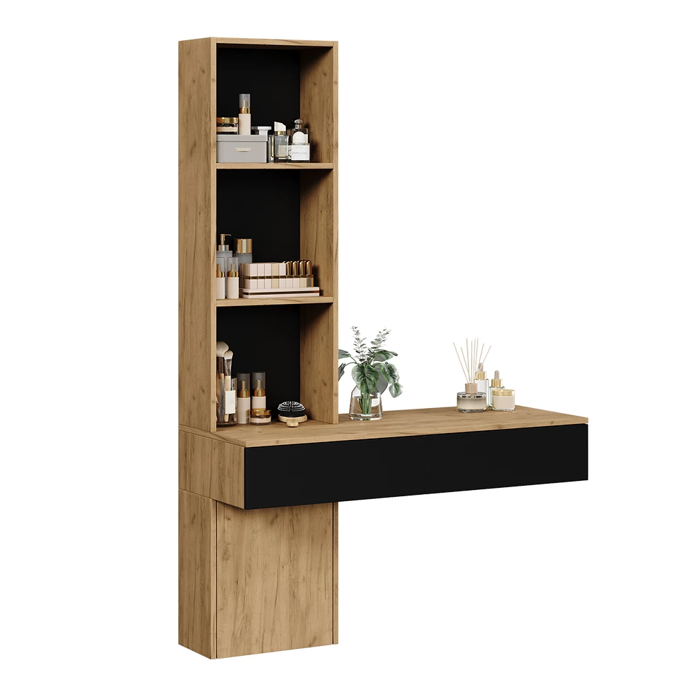 Schminktisch in Eiche/Schwarz auf weißem Hintergrund mit dekorativen Elementen