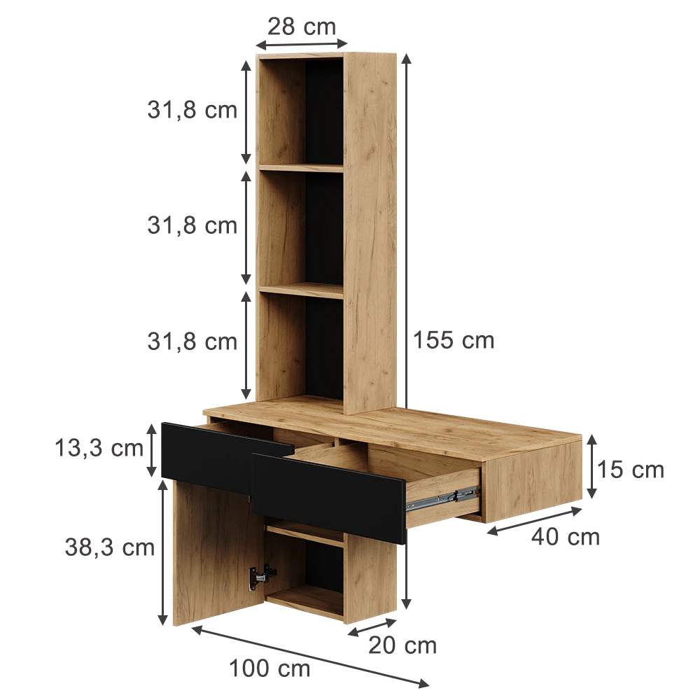 Schminktisch in Eiche/Schwarz auf weißem Hintergrund mit sichtbaren Maßen