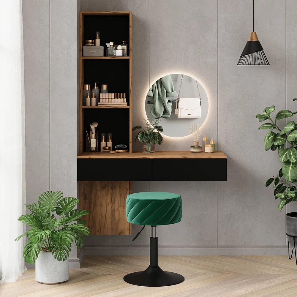 Schminktisch in Eiche/Schwarz, dargestellt im Ambiente mit Dekoration