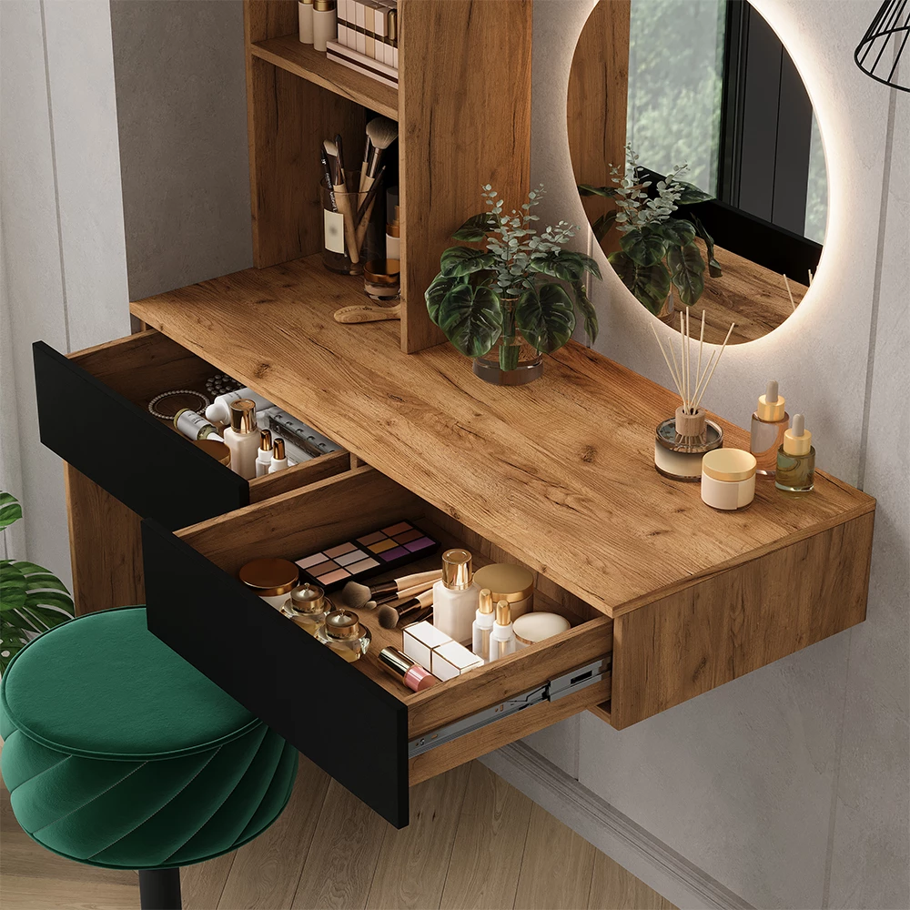 Nahaufnahme von Schminktisch in Eiche/Schwarz, zeigt Textur/Details