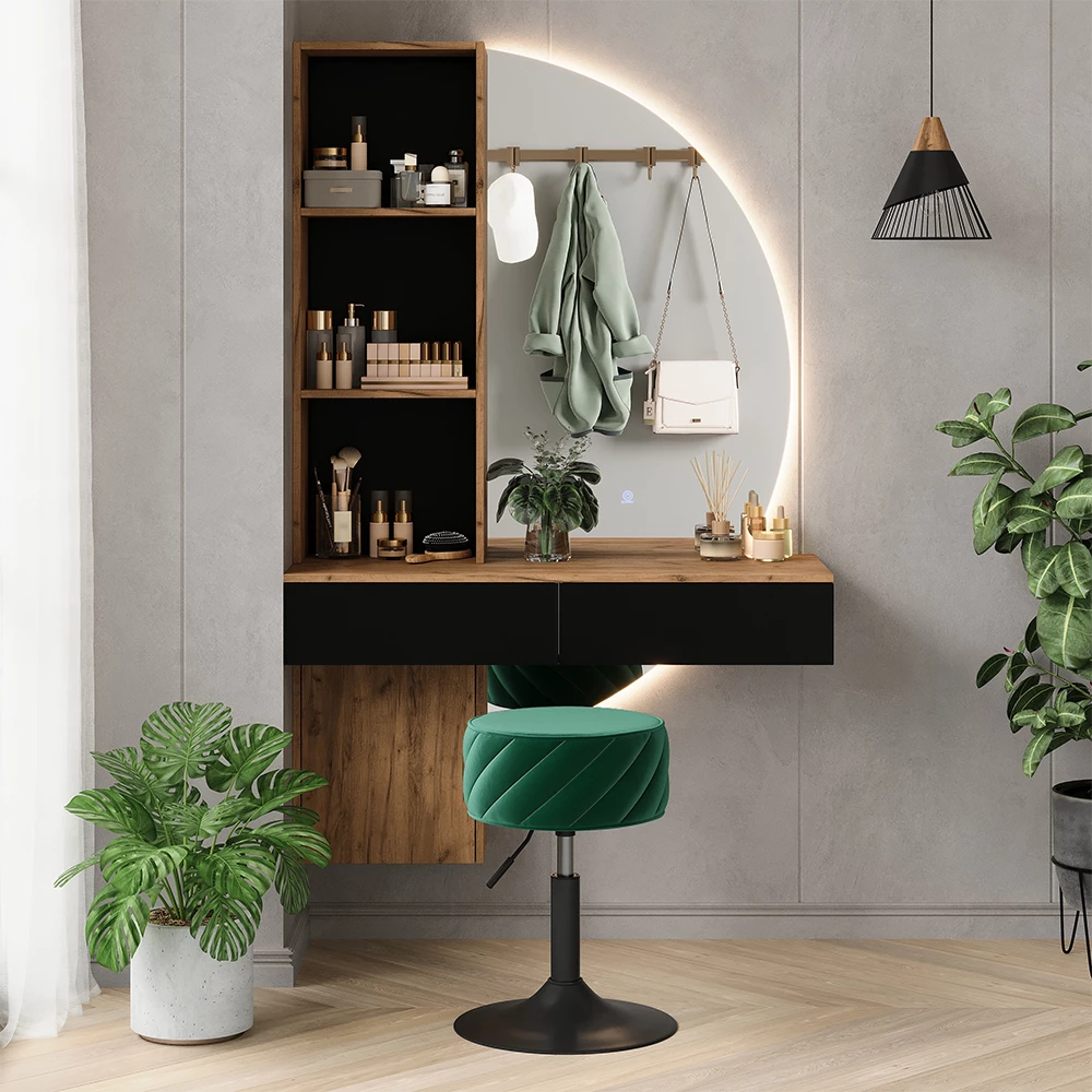 Vanity table in Oak/black shown in ambient setting with decoration