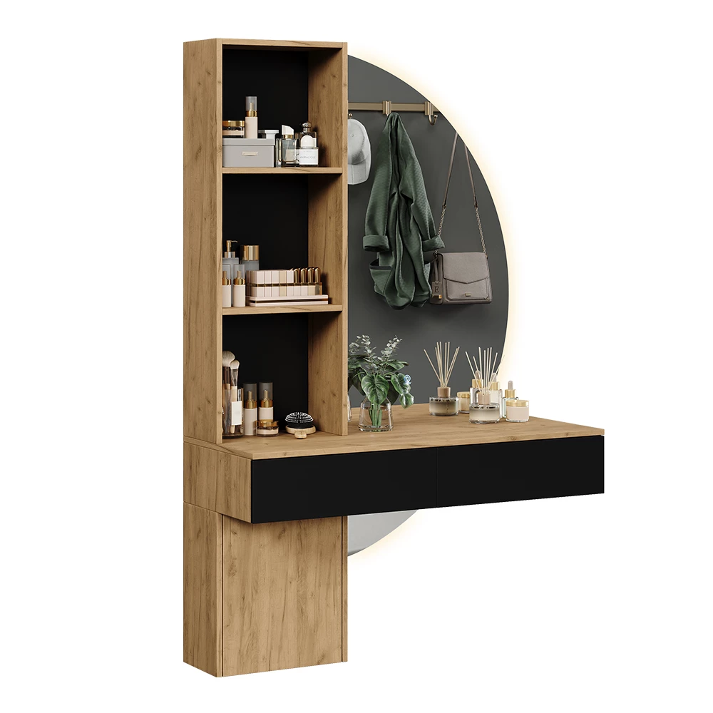 Vanity table in Oak/black on white background with decorative elements