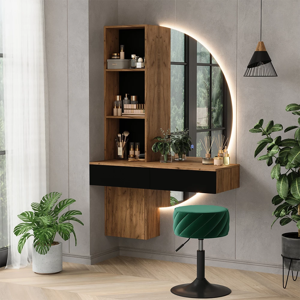 Vanity table Melora Oak/black 100 cm with LED mirror Vicco