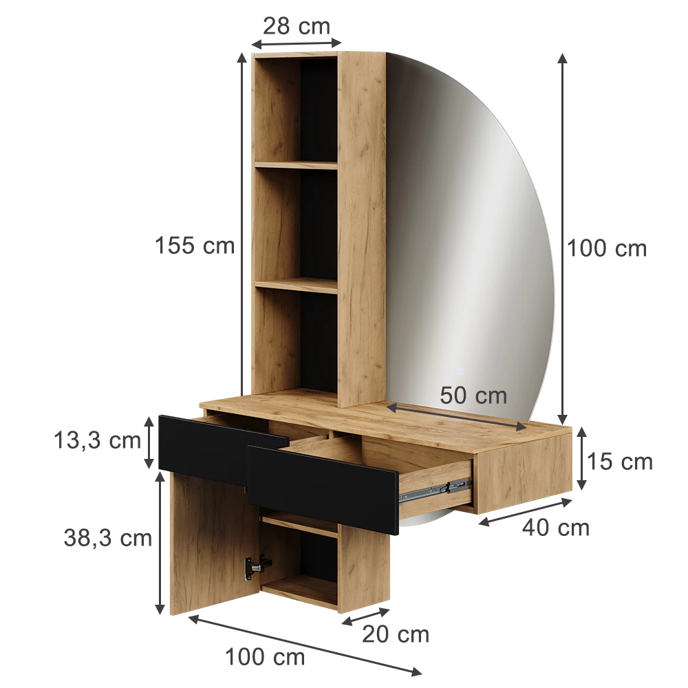 Vanity table in Oak/black on white background with visible dimensions