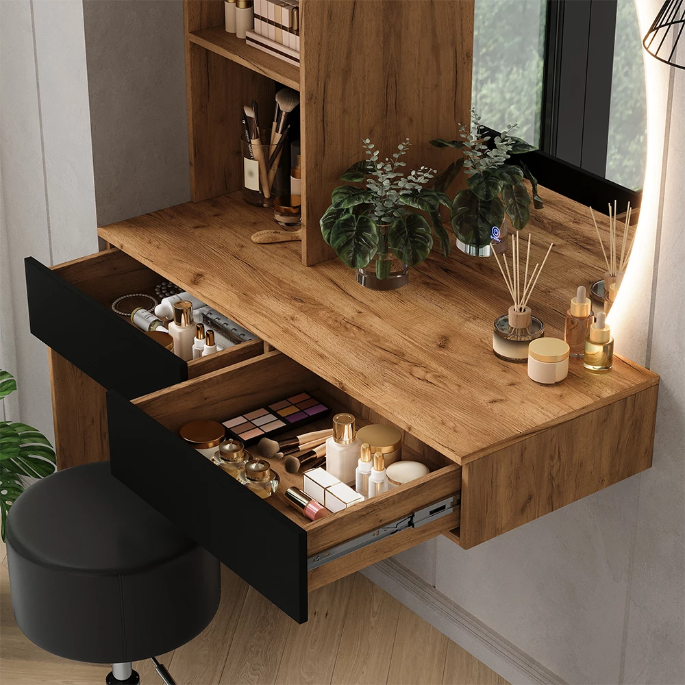 Close-up of Vanity table in Oak/black, showing texture/details