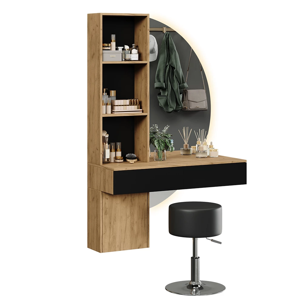 Vanity table in Oak/black on white background with decorative elements