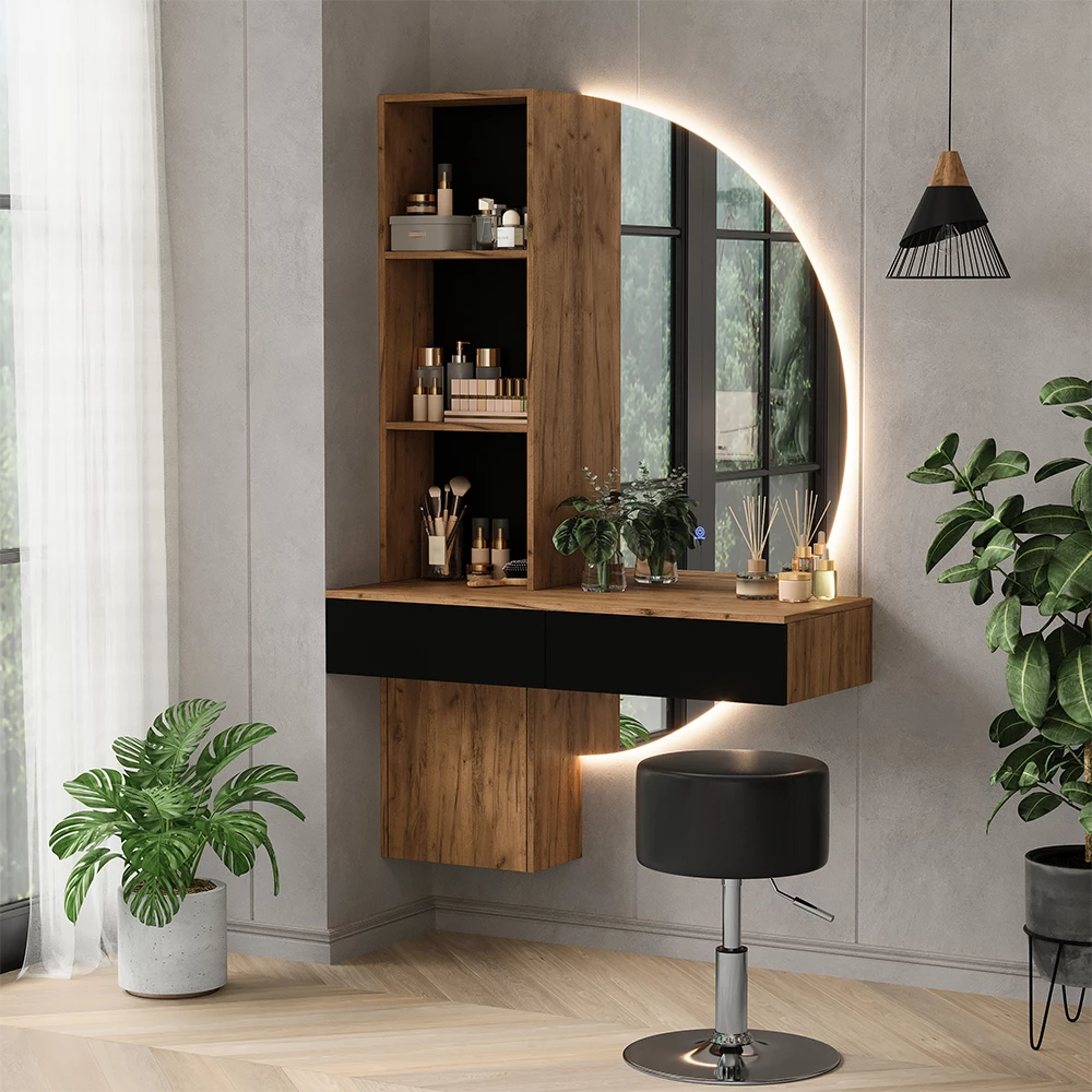 Vanity table Melora Oak/black 100 cm with LED mirror and stool Vicco