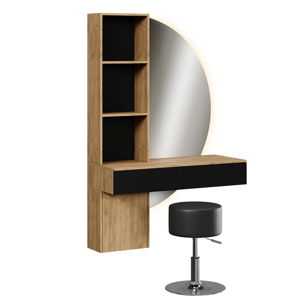 Vanity table in Oak/black on white background