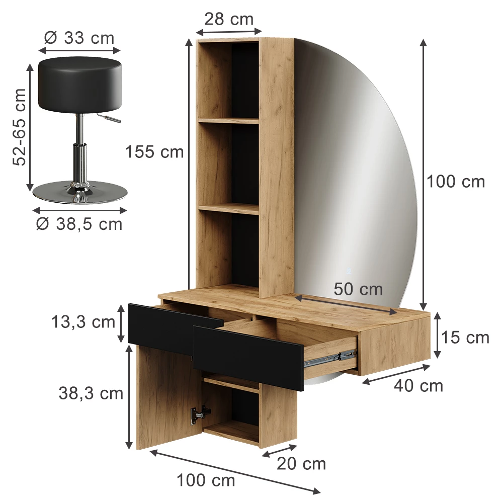 Vanity table in Oak/black on white background with visible dimensions