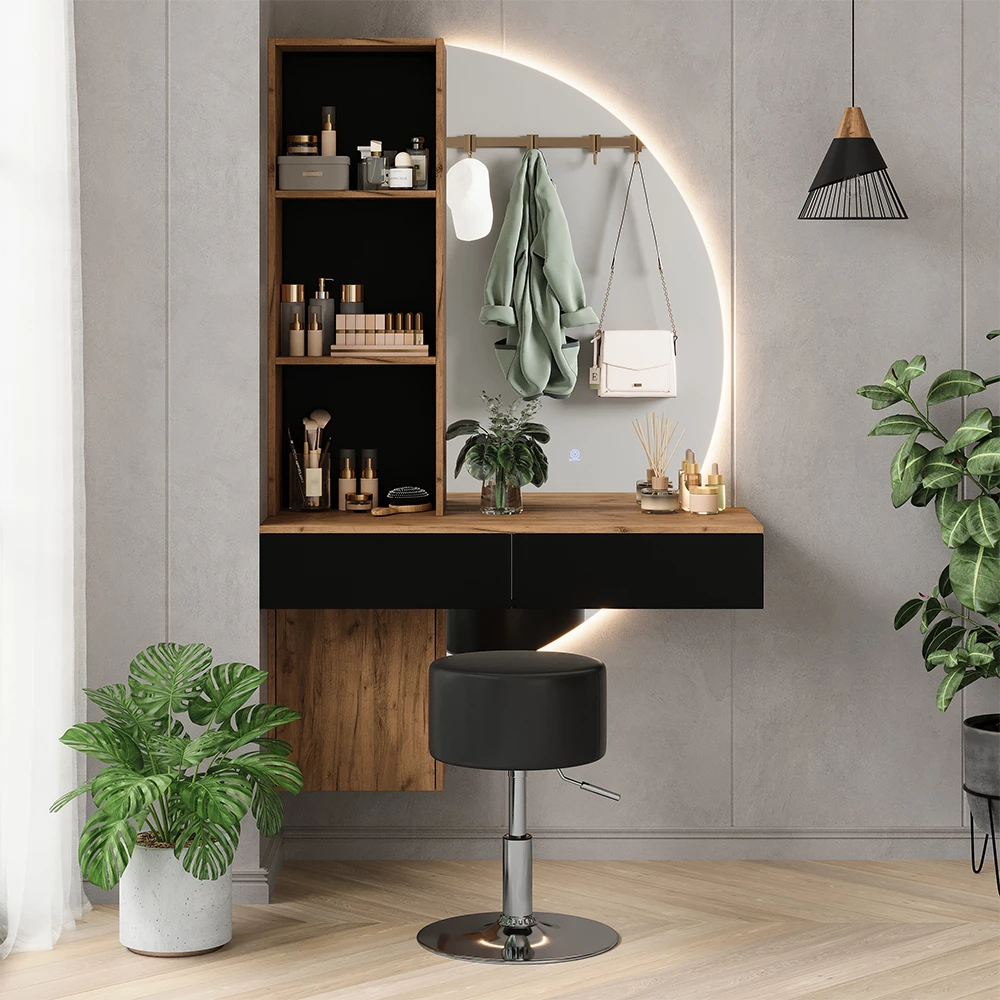 Vanity table in Oak/black shown in ambient setting with decoration