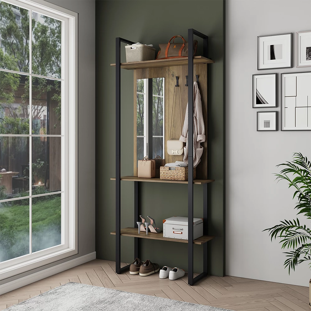 Garderobe in Eiche rustikal/Anthrazit auf weißem Hintergrund