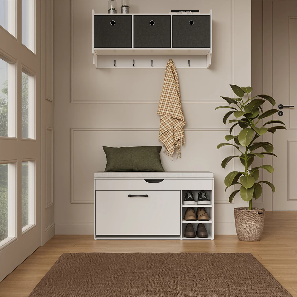 Schuhbank Solino Weiß 90 x 50 cm mit sitzfläche Vicco № 30126