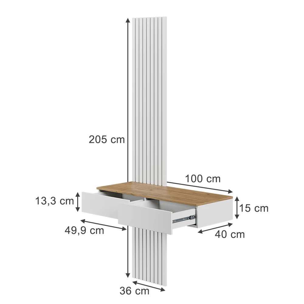 Schminktisch in Weiß auf weißem Hintergrund mit sichtbaren Maßen