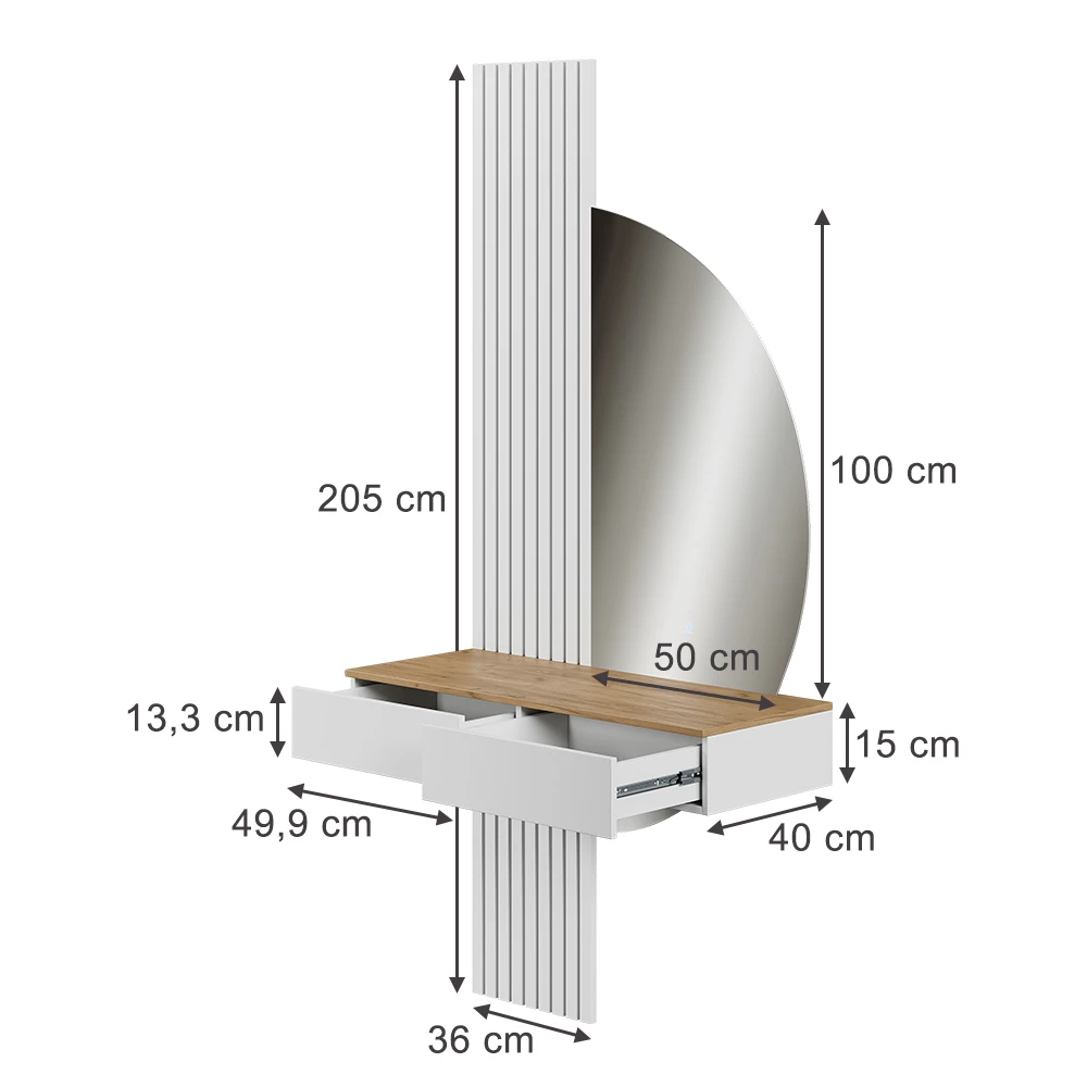 Makeupbord i farven Hvid på hvid baggrund med synlige dimensioner