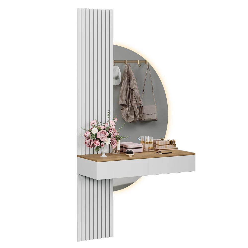 Makeupbord i farven Hvid på hvid baggrund med dekorative elementer