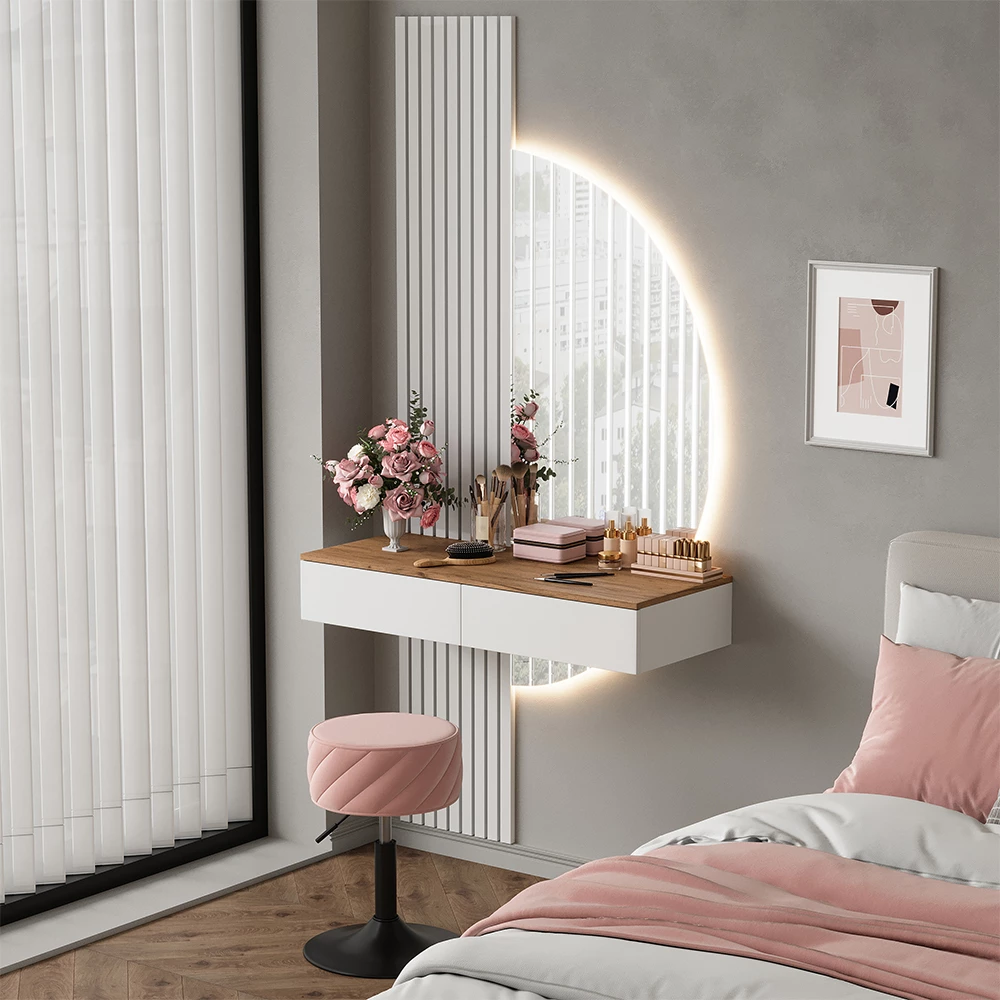 Makeupbord Melina Hvid/eg 100 cm med LED-spejl Vicco