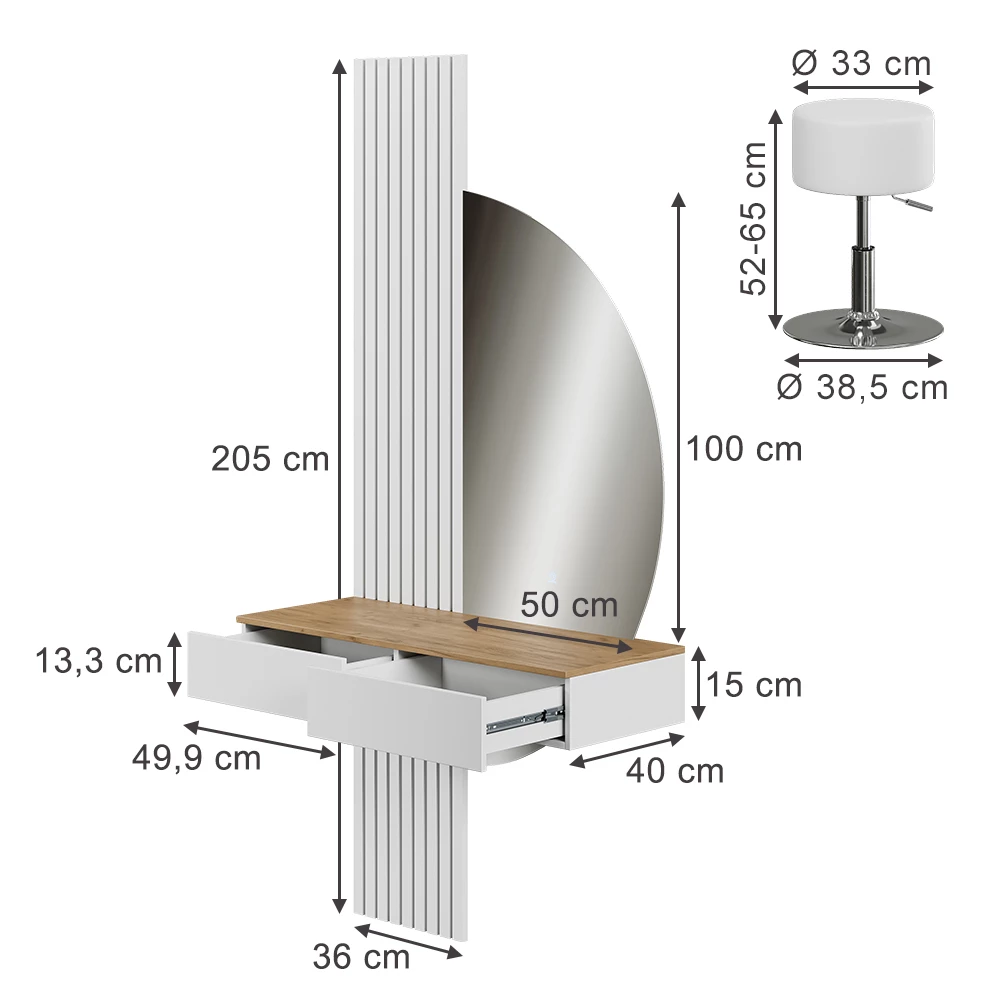 Schminktisch in Weiß/Eiche auf weißem Hintergrund mit sichtbaren Maßen