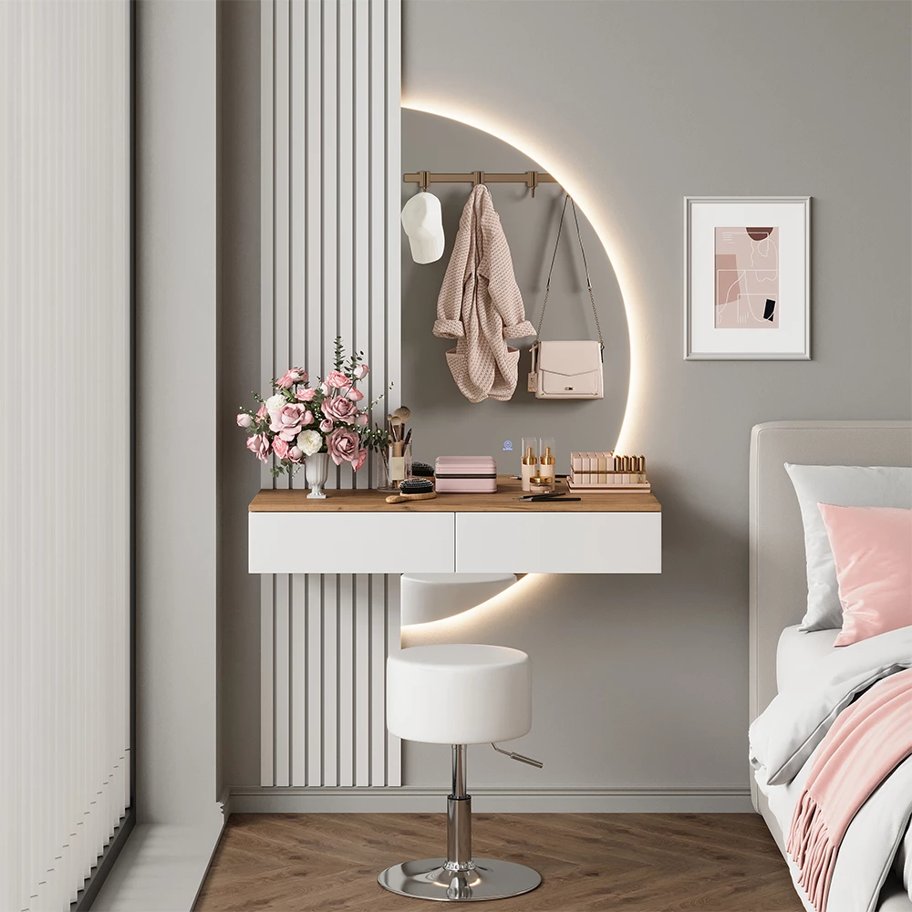 Schminktisch in Weiß/Eiche, dargestellt im Ambiente mit Dekoration