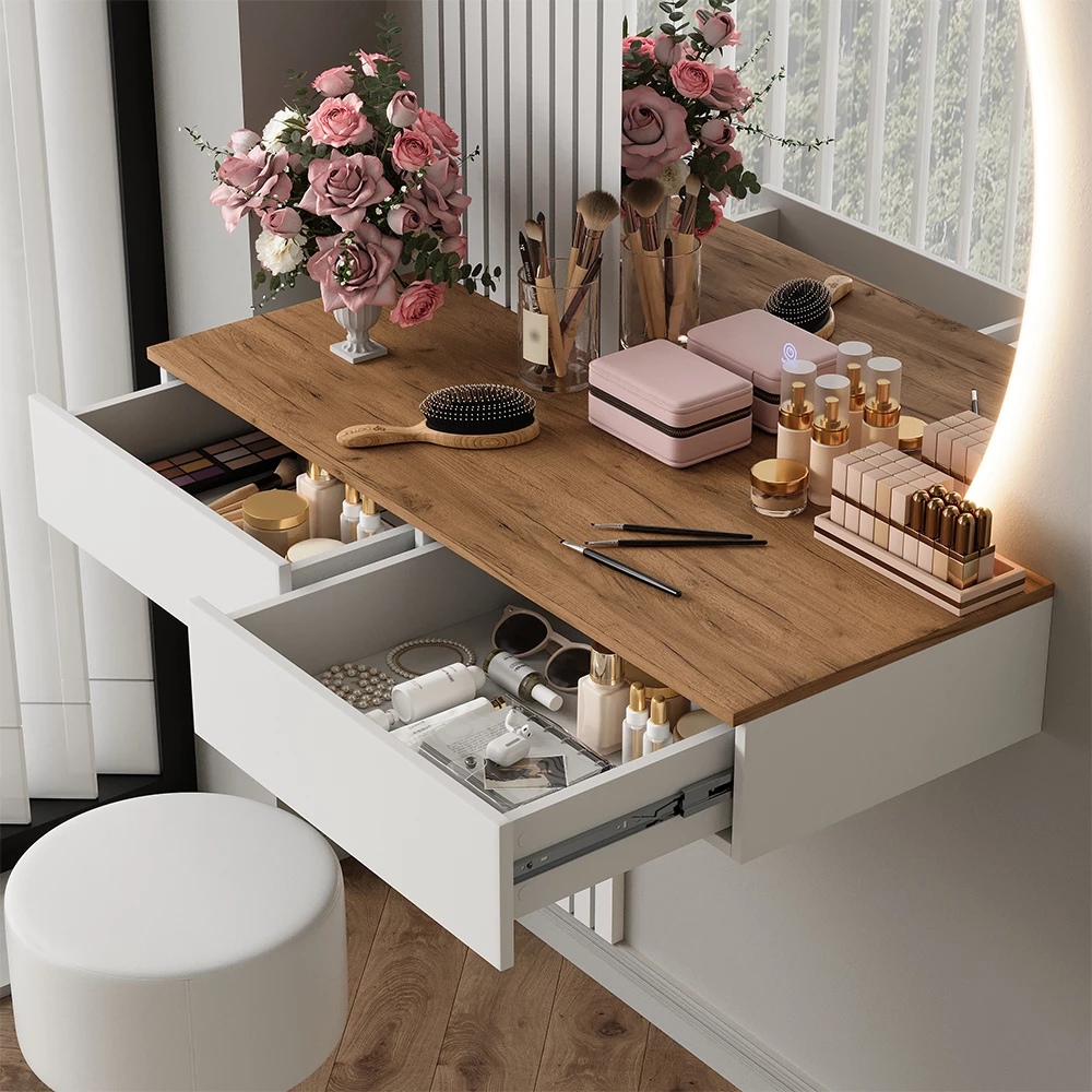 Nahaufnahme von Schminktisch in Weiß/Eiche, zeigt Textur/Details