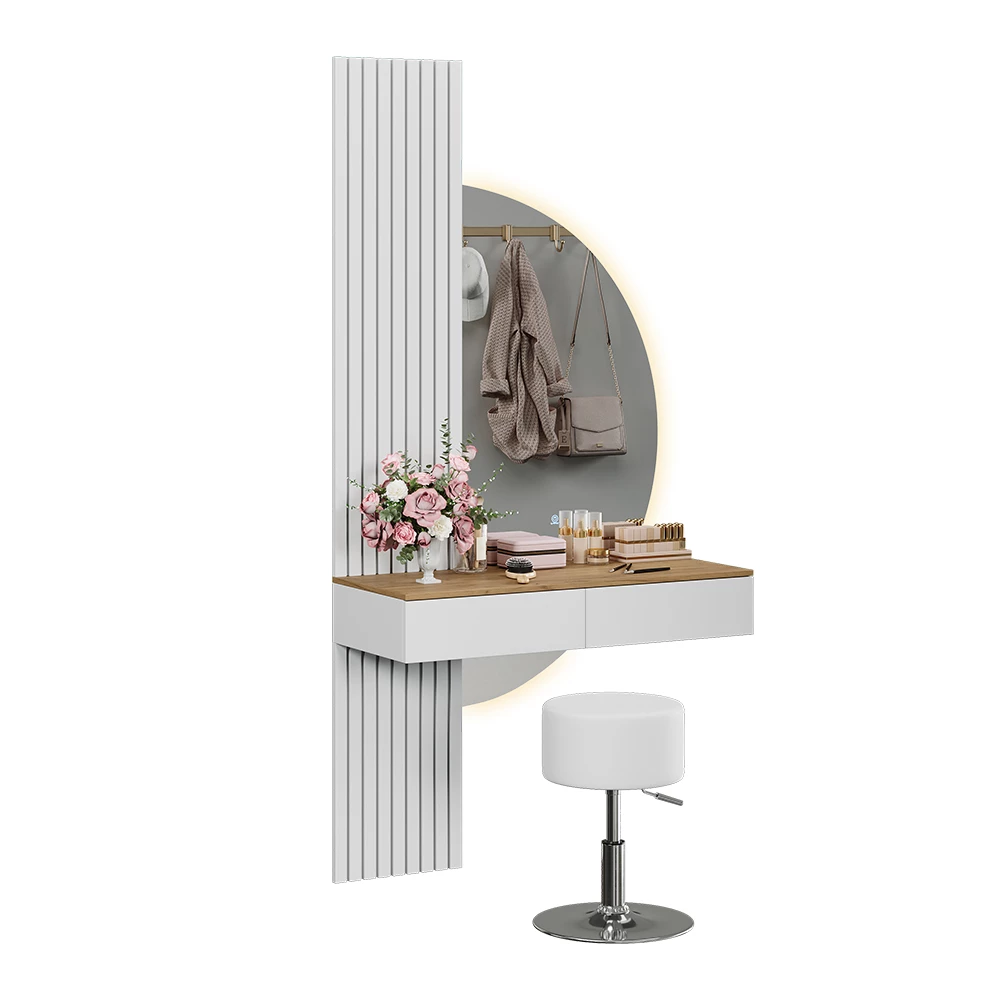 Schminktisch in Weiß/Eiche auf weißem Hintergrund mit dekorativen Elementen