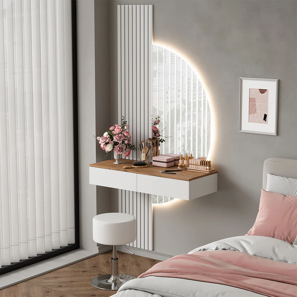 Schminktisch Melina Weiß/Eiche 100 cm mit LED-Spiegel und Hocker Vicco