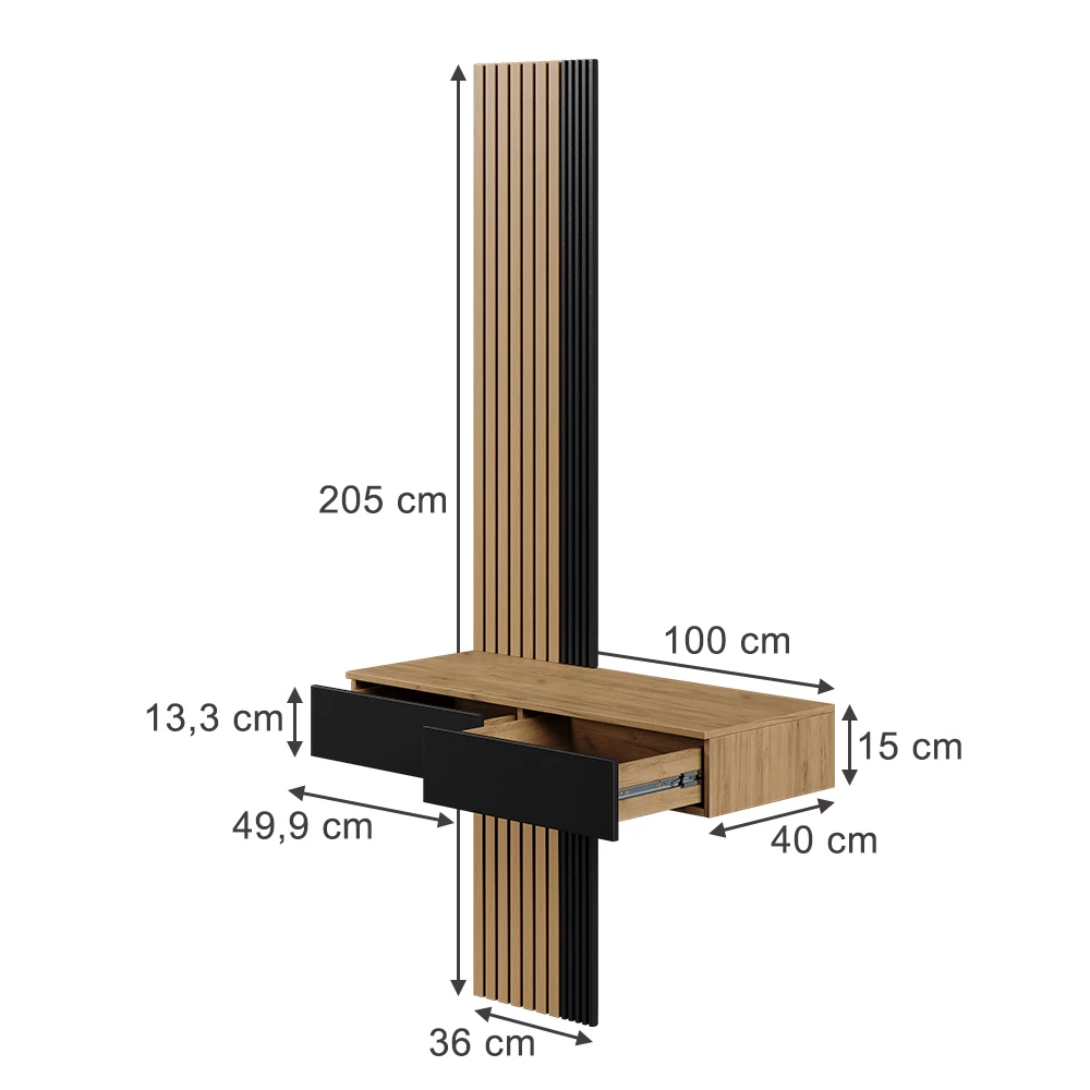 Schminktisch in Eiche auf weißem Hintergrund mit sichtbaren Maßen