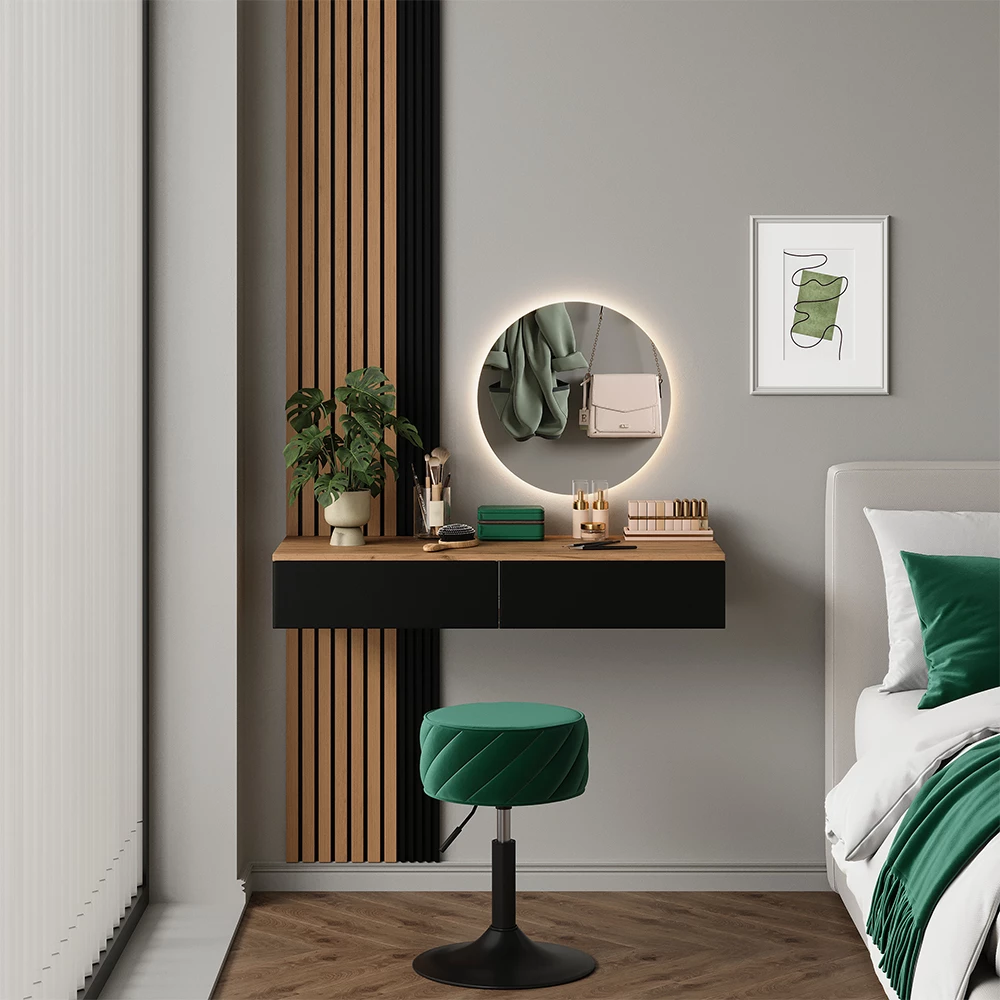 Schminktisch in Eiche, dargestellt im Ambiente mit Dekoration