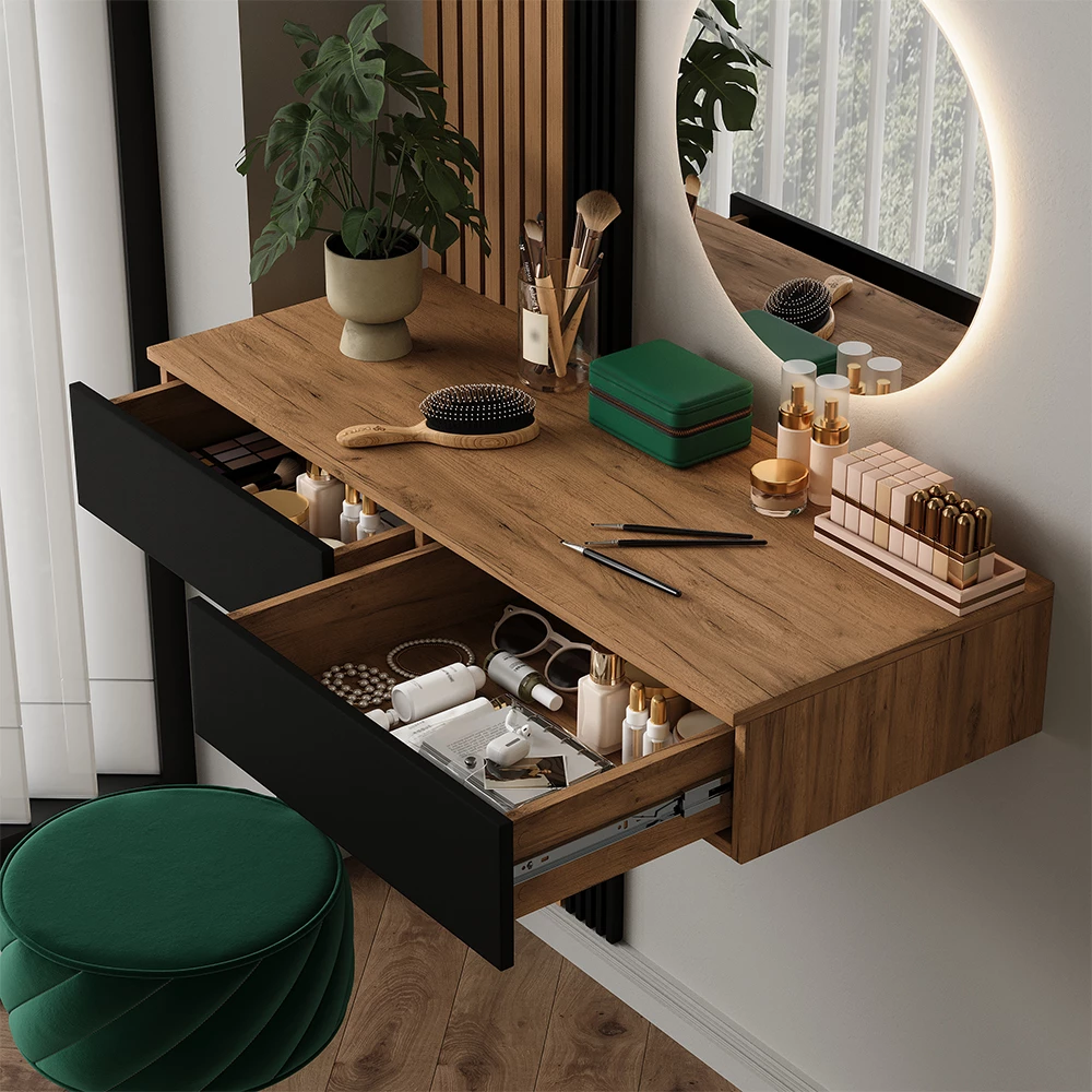 Nahaufnahme von Schminktisch in Eiche, zeigt Textur/Details