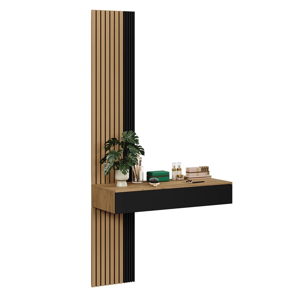 Schminktisch in Eiche auf weißem Hintergrund mit dekorativen Elementen