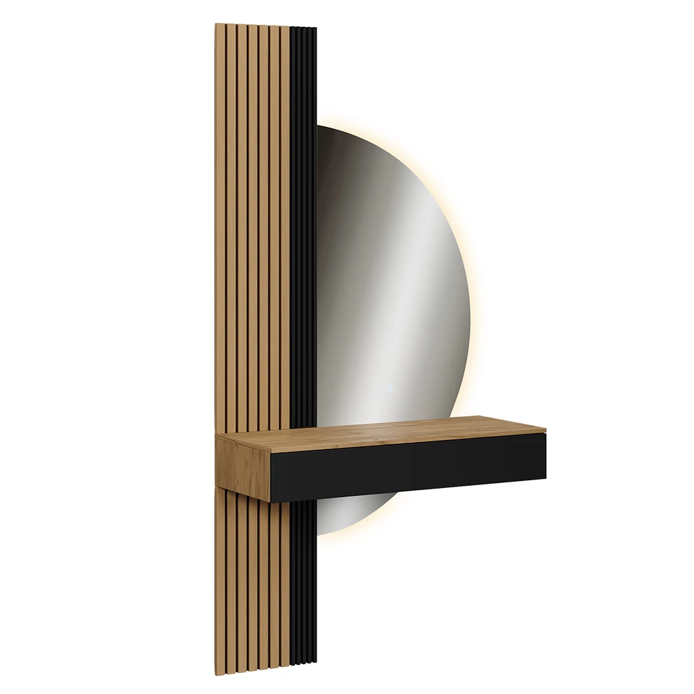 Schminktisch in Eiche/Schwarz auf weißem Hintergrund