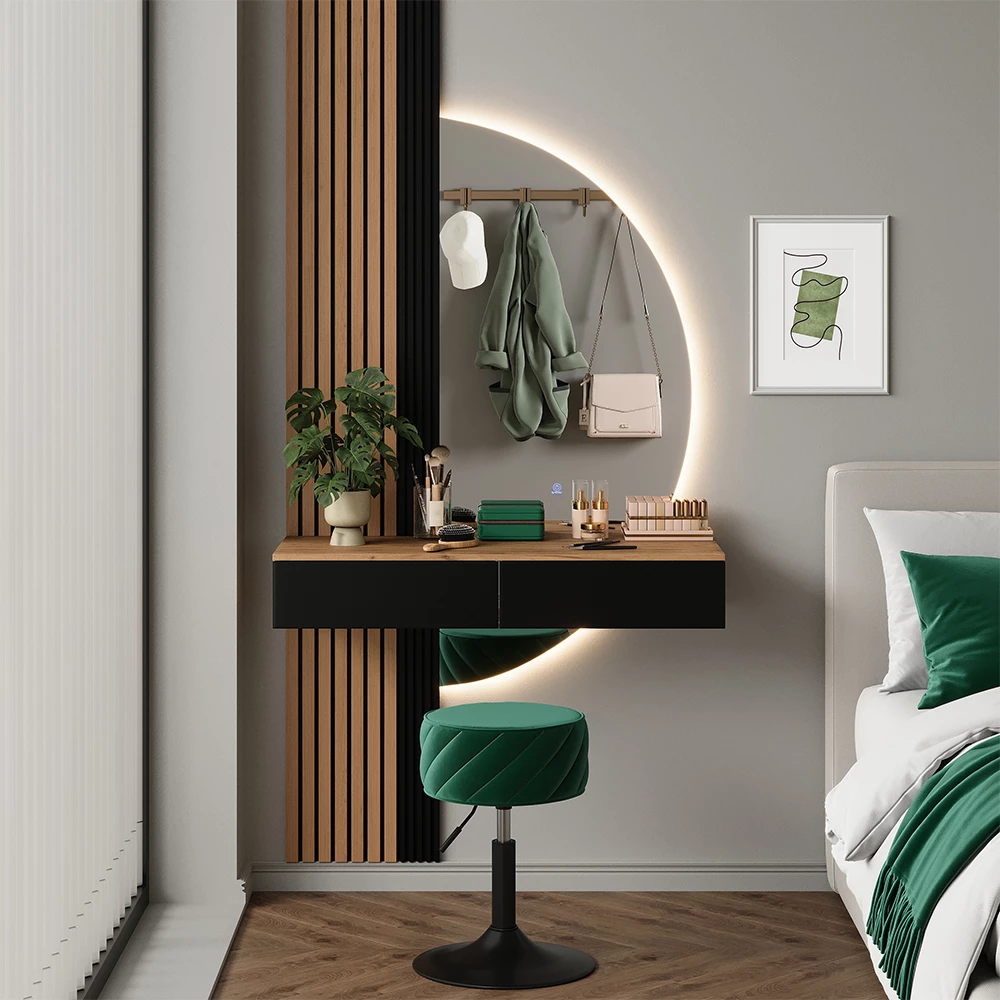 Schminktisch in Eiche/Schwarz, dargestellt im Ambiente mit Dekoration