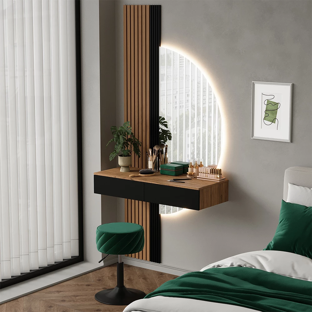 Schminktisch Melina Eiche/Schwarz 100 cm mit LED-Spiegel Vicco