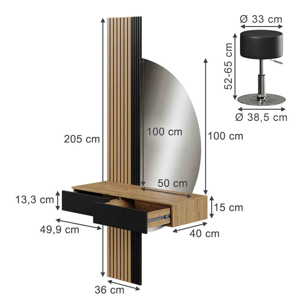 Coiffeuse en Chêne/noir sur fond blanc avec dimensions visibles