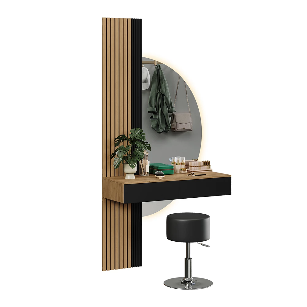 Coiffeuse en Chêne/noir sur fond blanc avec des éléments décoratifs