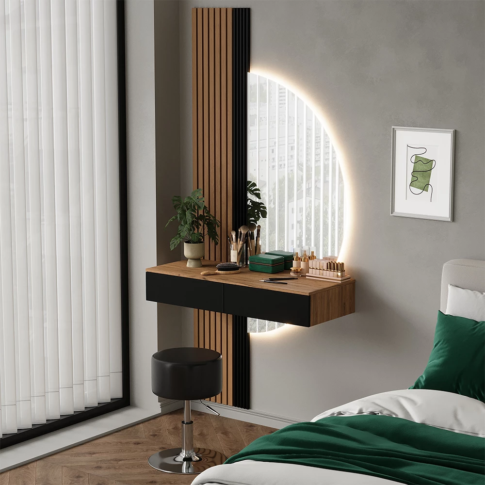 Coiffeuse Melina Chêne/noir 100cm avec miroir LED et tabouret Vicco