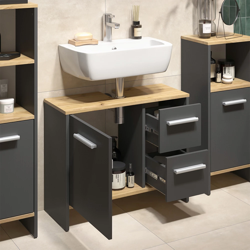 Nahaufnahme von Waschbeckenunterschrank in Anthrazit, zeigt Textur/Details