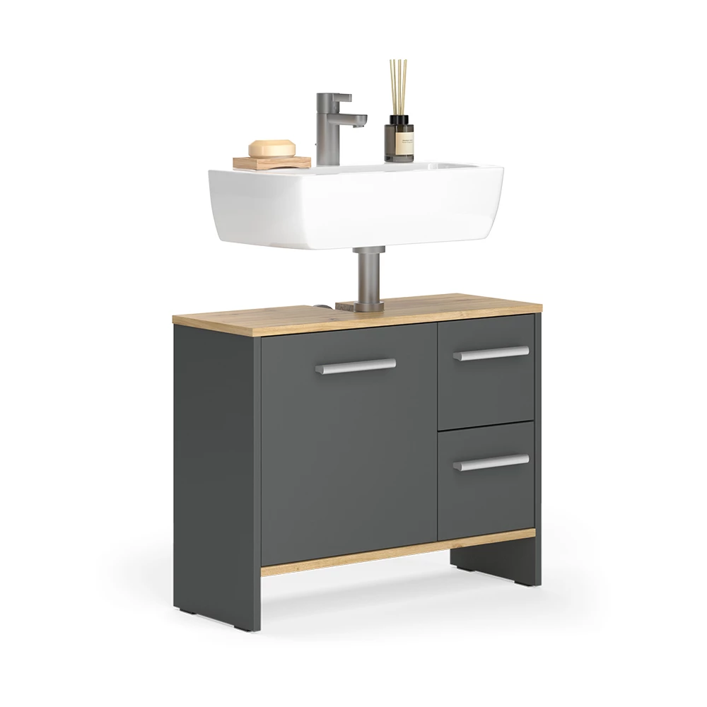 Waschbeckenunterschrank in Anthrazit auf weißem Hintergrund mit dekorativen Elementen