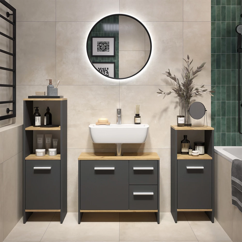 Waschbeckenunterschrank Karli Anthrazit 70.2 x 57 cm mit 2 Schubladen und 1 Tür Vicco