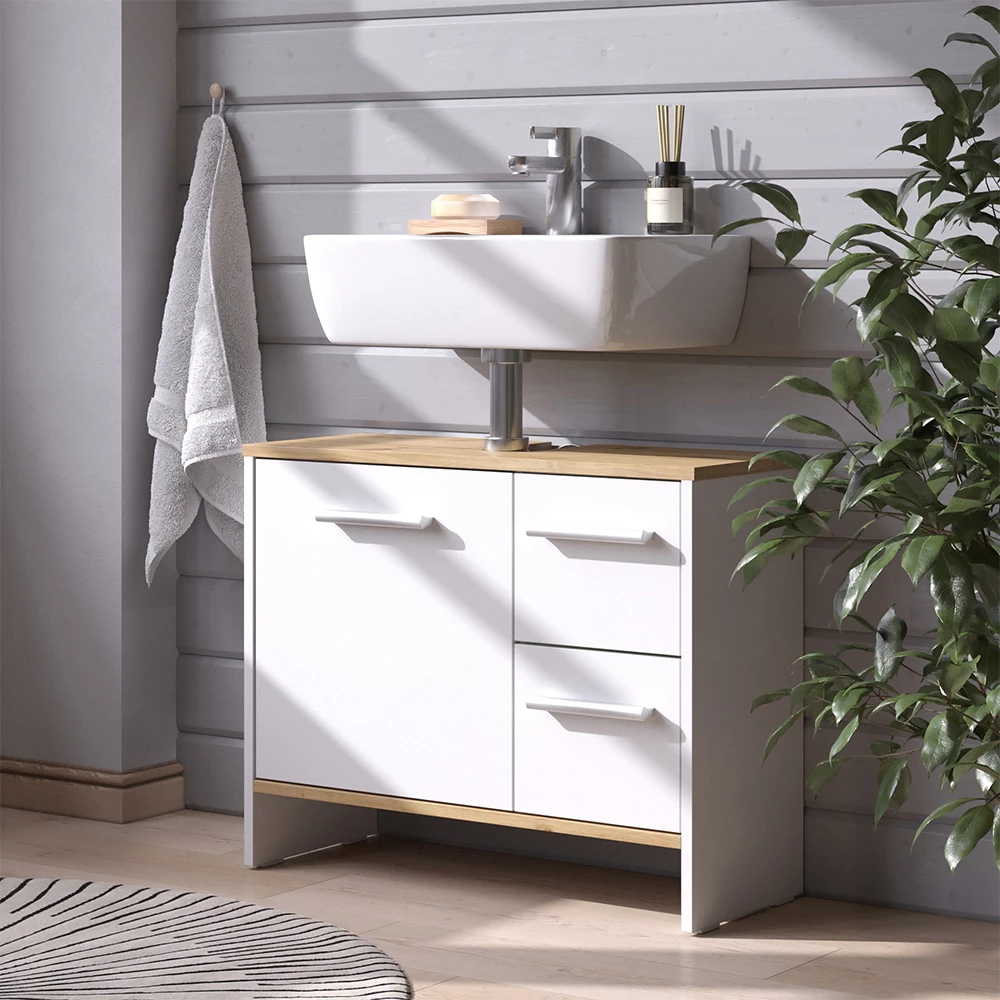 Mobile sottolavabo per bagno in Rovere bianco/dorato shown in ambient setting with decoration