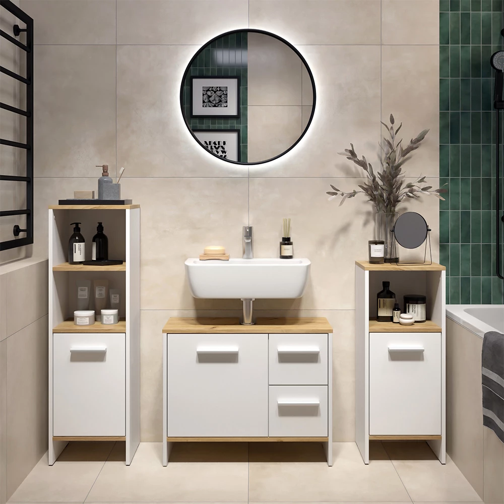 Mobile sottolavabo per bagno Karli Rovere bianco/dorato 70.2 x 57 cm con 2 cassetti e 1 anta Vicco