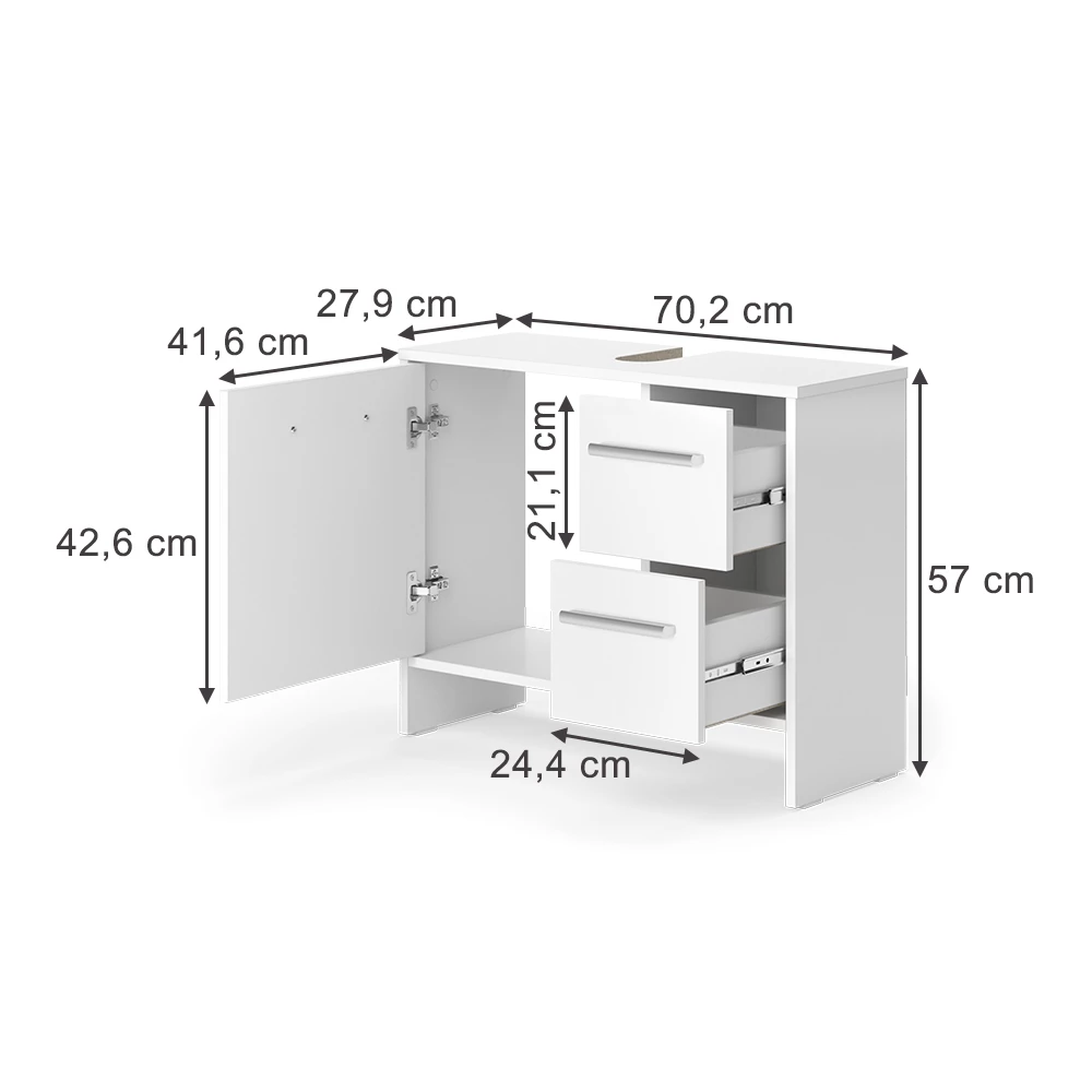 Waschbeckenunterschrank in Weiß auf weißem Hintergrund