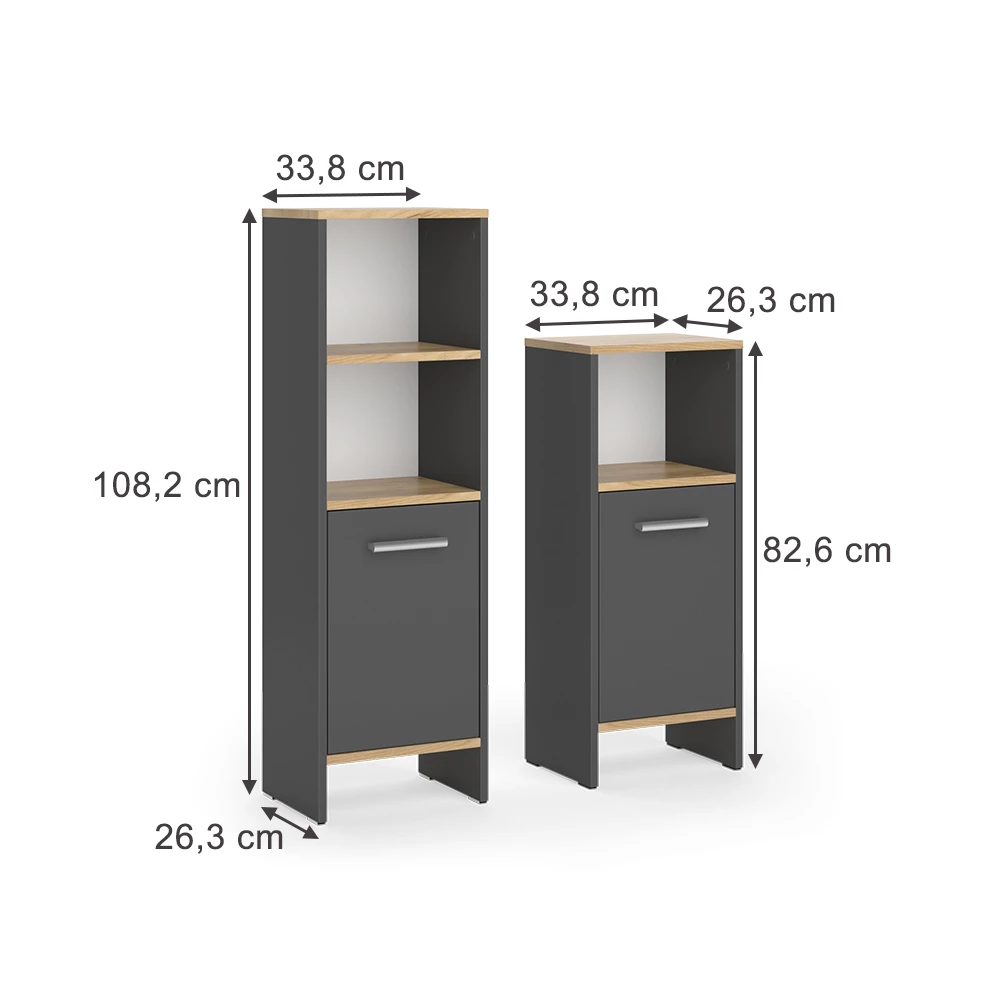 Badmöbel-Set in Anthrazit auf weißem Hintergrund mit sichtbaren Maßen
