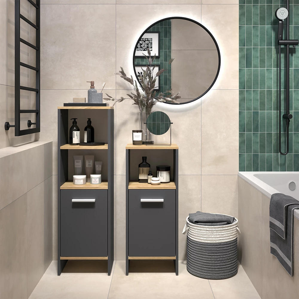 Badmöbel-Set in Anthrazit, dargestellt im Ambiente mit Dekoration