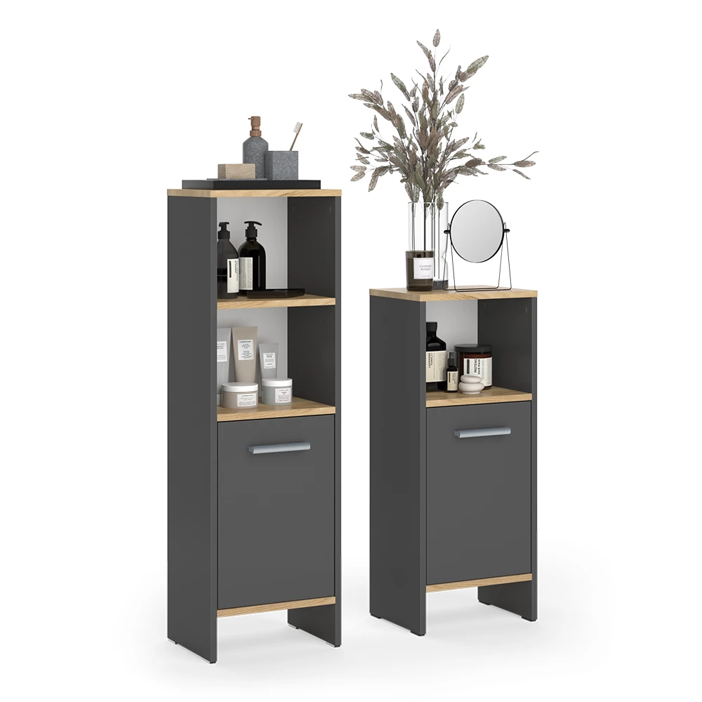 Badmöbel-Set in Anthrazit auf weißem Hintergrund mit dekorativen Elementen