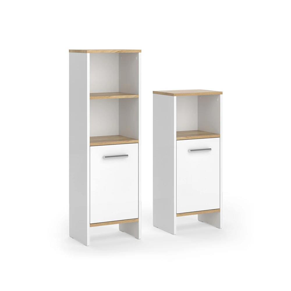 Badmöbel-Set in Weiß/Goldkraft Eiche auf weißem Hintergrund